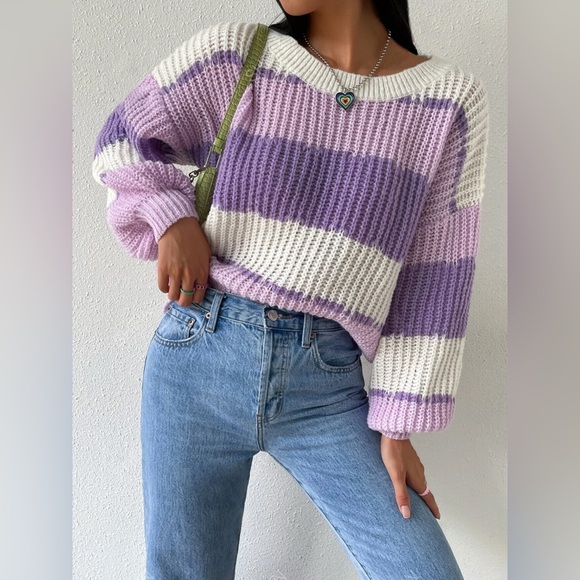 Striped Knit Round Neck Sweater